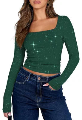Immagine prodotto di YUTILA, top scintillanti da donna, modello corto con scollo a forma di "V", ideali per le feste, disponibili anche in versione lunga