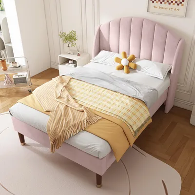 Image de OKWISH Lit Simple 90x200 cm - Lit Rembourré Adolescent - Velours - Sans Matelas - Rose