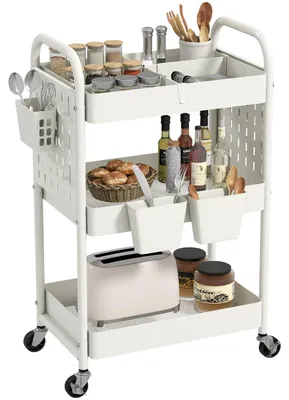 Produktbild von Dreistöckiger Servierwagen, Metallwagen mit Trennwänden und Pinnwänden, Servierwagen, Bastelwagen, Küchenwagen auf Rollen für Küche, Wohnzimmer, Badezimmer, Haken und Hängebecher