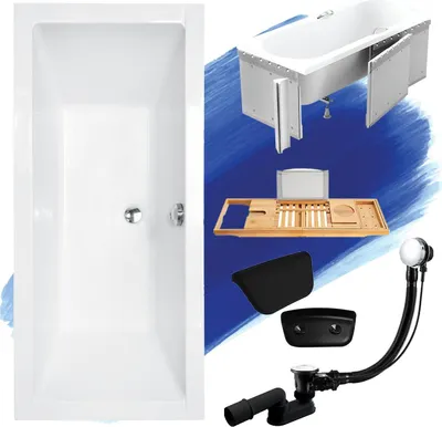 Produktbild von Badewanne Rechteck Set 5in1 170x75 mit Ablaufgarnitur und Füßen GRATIS + Styropor + Bambus Holzablage + Kopfstütze in Schwarz | BADLAND QUADRO
