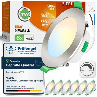 LED-Einbauspot 7W dimmbar IP44 6er-Pack rund Nickel 3000-6500K