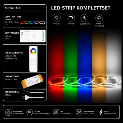 Produktbild von LED Streifen Set RGBCCT IP65 – COB LED Streifen 24V, 21 W/m, 5m, punktfrei – SS150 Netzteil, SR5 Funk-Controller und C5 Fernbedienung Weiß