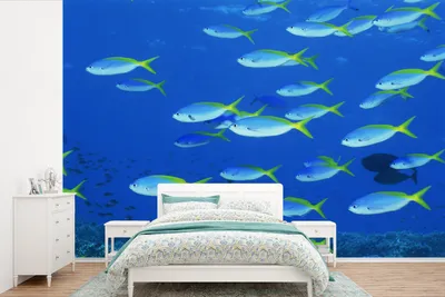 Produktbild von MuchoWow® Fototapete für Wohnzimmer oder Schlafzimmer Wandtapete Vinyl Motivtapete Fisch - Schule - Meer - 450x300 cm - Gemusterte