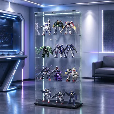 Produktbild von INONEFT Glasvitrine Standvitrine in Schwarz mit LED, Glasvitrine Stehend mit 4 Glasböden & 2 türen abschließbar, Vitrinenschrank Für Sammlerstücke