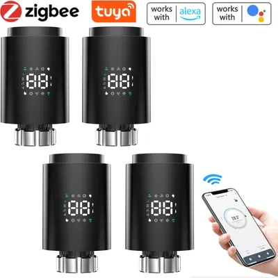 Produktbild von 4X Smart Heizkörperthermostate Thermostatventil Extrem leiser Schnellheiz Heizkoerperventil APP-Steuerung Kompatibel mit Alexa Google Assistant Kindersicherung Thermostat Heizung LED-Anzeige,Schwarz