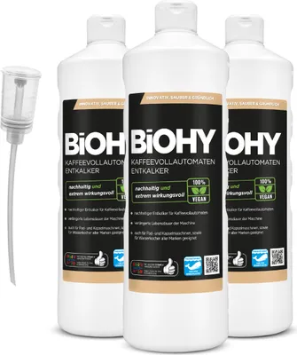 Produktbild von BiOHY Kaffeevollautomaten Entkalker (3x1l Flasche) + Dosierer | Ideal zur Entkalkung von allen Kaffeemaschinen & Espressomaschinen | Ca. 20 Entkalkungsvorgänge/Flasche