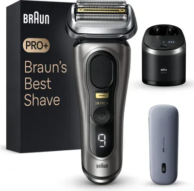 A Braun Series 9 Pro+ electric shaver and its accessories are displayed against a white background.