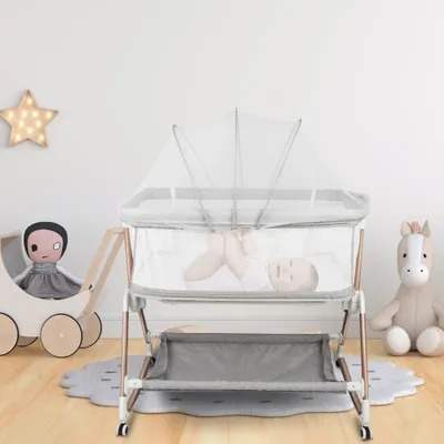 Image de Lit bébé réglable à 6 niveaux Lit d'appoint Poussette avec roulettes & moustiquaire 90x60x115cm