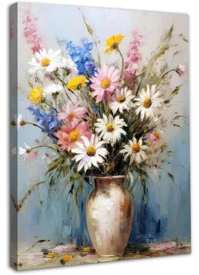 Produktbild von Gerahmte Wandkunst Blumen Gänseblümchen Vase Ölgemälde 12x16 Zoll