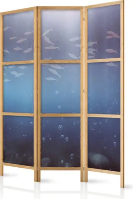 Produktbild von 3-teiliger Einseitiger Vlies Japanischer Paravent - School of Small Fish - Illuminated Oceanic Depth in Shades of Navy. Purple. and Gray with a School of Tiny Fish 135x172 cm Tiere g-C-10143-bh-a