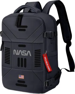 A dark blue NASA-themed backpack is shown against a gray background.