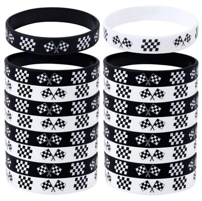 48 Rennflaggen-Silikonarmbänder, Schwarz/Weiß, 6,5 cm
