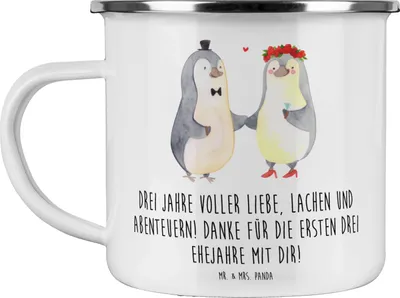 Produktbild von Mr. & Mrs. Panda Kaffeepott 3. Hochzeitstag Lederhochzeit - Weiß - Geschenk, Hochzeit, Hochzeitsspruch, Teebecher, Geschenke, Spruch, Heirat, becher emaille, Haferl, Pott