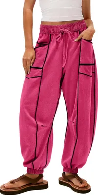 Image de ASKSA Damen Hose Trainingshose Kordelzug Baggy Jogginghose Y2K Patchwork Loose Fit Stretch High Waist Streetwear Sporthose (Rosenrot,M)