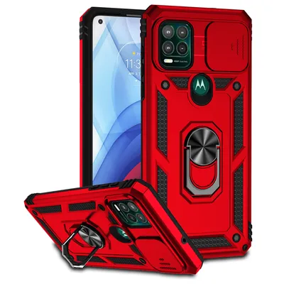 Immagine prodotto di Custodia per Motorola Moto G Stylus 5G a doppio strato con copertura scorrevole della fotocamera e supporto ad anello rosso