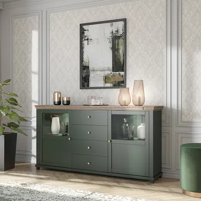 Produktbild von Masseno Kommode EVANDRO 181 cm Sideboard mit 4 Schubladen und 2 Türen für Wohnzimmer Schlafzimmer Modern 181x42x93 cm Grün / Grün