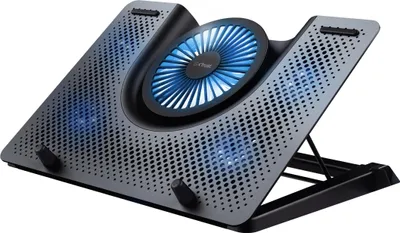 A black and gray laptop cooling pad with blue LED lights on a white background.