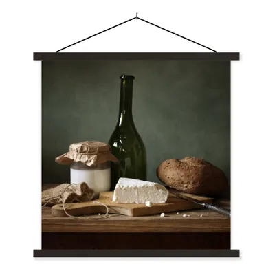 Produktbild von MuchoWow® Textilposter Rustikal - Brie - Stillleben - Flasche - Brot 60x60 cm mit schwarzem Rahmen - Posteraufhänger