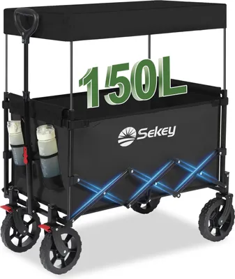 Produktbild von Sekey Bollerwagen mit Dach, Handwagen bis 150 kg belastbar, Transportkarre, Gerätewagen, Schwarz