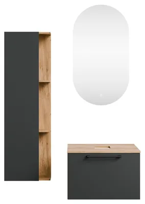 Produktbild von Planetmöbel Waschtischunterschrank Astra 60 cm Gold Eiche/Anthrazit mit LED-Spiegel und Seitenschrank