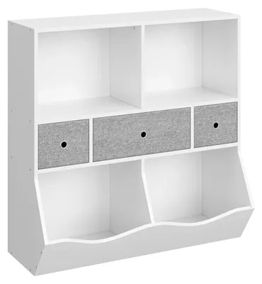 Obrázok produktu pre Detská knižná polica a polica na hračky – stojaca polica – 3 úrovne – 7 otvorených priehradiek – 3 zásuvky – drevo – 93 x 29 x 93 cm – biela