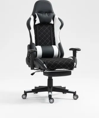 A black and white gaming chair with a headrest and lumbar support, shown from the front on a white background.