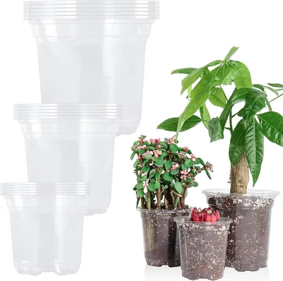 Imagen del producto de Recipientes transparentes de plástico para macetas, 15 unidades, de 9/10/13 cm, con orificios de drenaje para plantas