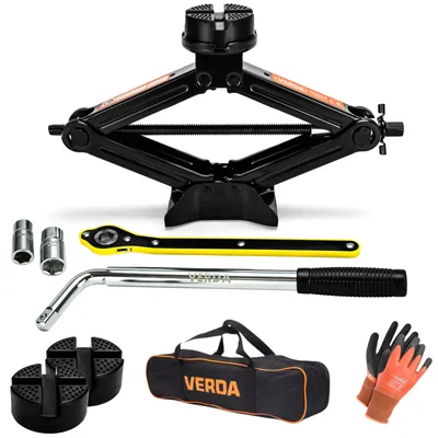 Produktbild von VERDA Wagenheber 2500kg, 110-420 mm + 2X Gummi + Radmutternschlüssel + Ratschenschlüssel + Tasche Scherenwagenheber, vergrößerte Stahlplatte, PKW SUV
