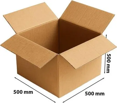 An open cardboard box with dimensions indicated.