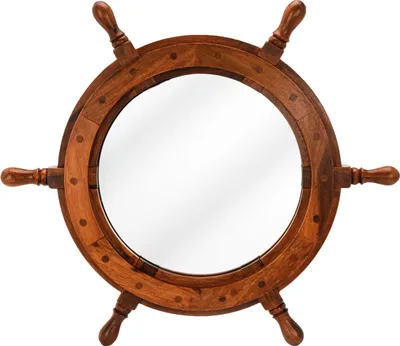 A wooden ship's wheel mirror against a white background.