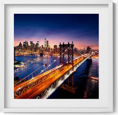 Produktbild von New York - Sonnenuntergang über Manhattan– Wandbild mit Rahmen – Gerahmtes Bild  – Wanddekoration – 50x50 cm –  Weiß Rahmen
