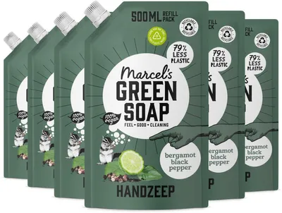 Productafbeelding van 6x Marcel's Green Soap Handzeep Bergamot & Black Pepper Navulling (500 ml)