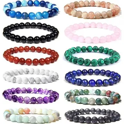 Obrázek produktu pro 12PCS 8mm polodrahokamové korálky náramek, elastické kolo křišťálový drahokam náramek pro muže žena léčba, uni.