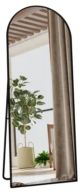 Obrázok produktu pre Zrkadlo s oblúkovým rámom, celotělové – stojace alebo nástenné, 165x60 cm – tvrdené sklo – hliníkový rám – vhodné do spálne/obývačky – čierna farba