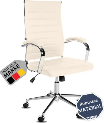Produktbild von DELUKE® Bürostuhl Ergonomisch MEGAO Schreibtischstuhl Echtleder | Höhenverstellbarer Drehstuhl, Arbeitsstuhl mit Armlehne | Chefsessel, Computerstuhl 135 kg | Creme
