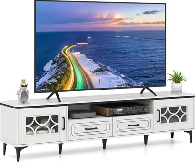 Zdjęcie produktu dla KOMFOTTEU szafka pod telewizor do 80 cali, ławka pod telewizor, 2 szafki z drzwiczkami i otwartymi półkami, mebel z 2 szufladami i otworem na kable, 180,5 x 35 x 46 cm (biały)