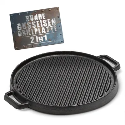 Produktbild von Gusseiserne Grillplatte Grillrost Bratplatte - Rund - Wendbar - 29,5 cm - Für Gasgrill und Holzkohlegrill