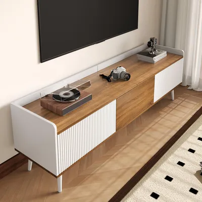 Image de MODFU Meuble TV, meuble de salon bas avec compartiments de rangement et portes, MDF + panneaux de particules - 160x39x49,5 cm - Blanc