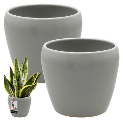 Produktbild von ® 2 St. Blumentopf Grau innen rund ⌀ 13,5 cm H: 14 cm glasierte Keramik Blumentöpfe innen Blumenübertopf Pflanzentopf innen Orchideenübertöpfe Blumentopf groß Flower Pot