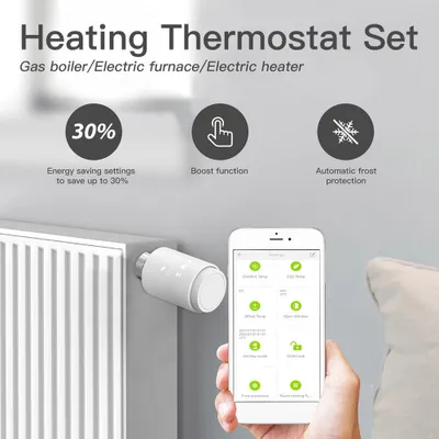 A smart thermostat valve attached to a radiator, with a smartphone displaying the app interface next to it. Text overlays highlight product features.