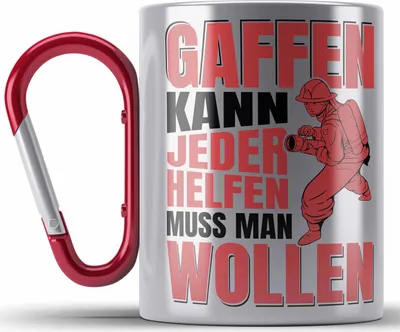 Produktbild von Trendation - Feuerwehr Edelstahl Tasse Karabiner Geschenke Zubehör Lustig Einsatz Geburtstag Spruch Helfen Muss Man Wollen (Rot)