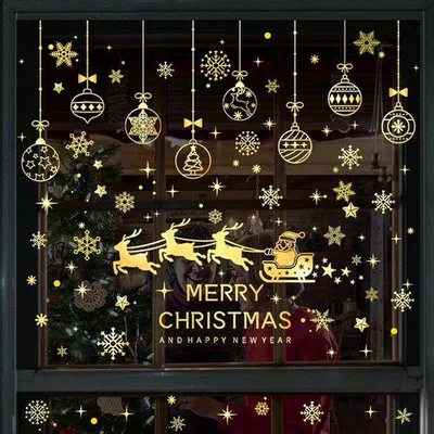 Produktbild von Unyqoos® 256-teiliges Set selbstklebende Weihnachts-Fenstersticker (PVC) mit Schneeflocken & Figuren, elektrostatisch haftend, wiederverwendbar, beidseitig goldglänzend