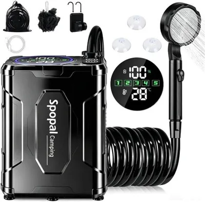 Obrázek produktu pro Přenosná sprcha pro kempování, 13000 mAh - vodotěsná (IPX8) - digitální displej - funkce pozastavení - ideální pro kempování, turistiku a mytí auta