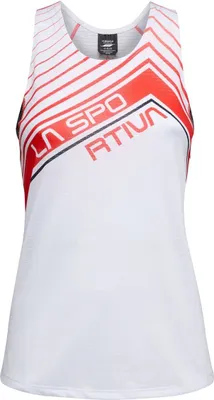 Weißes Tanktop für Damen von La Sportiva mit rotem und grauem Streifenmuster und Logo.