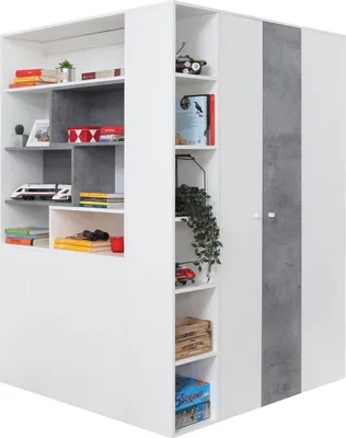 Produktbild von Furniture24 Eckkleiderschrank Sigma SI - 1 Garderobenschrank, Schrank, Garderobe, Begehbarer Kleiderschrank mit Beleuchtung, Kleiderstange und Schubladen Weiß Lux/Beton