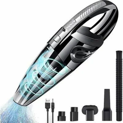 A handheld vacuum cleaner with accessories and charging cables, presented on a white background.