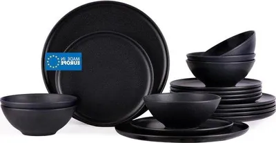 Produktbild von Europäisch gefertigtes aardewerk Serviceteller-Set, 6 Personen, 100% in Europa hergestellt, modern, 18-teiliges Set, schwarz, keramisch.