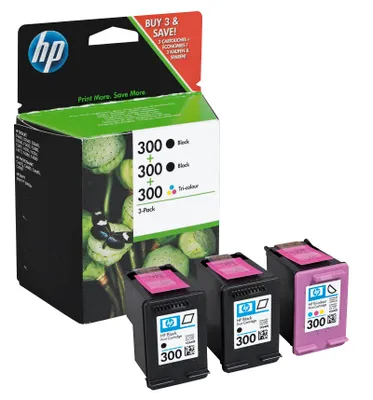 Produktbild von HP 300, Schwarz, Cyan, Magenta, Gelb, Tinte auf Pigmentbasis, Tinte auf Farbstoffbasis, 3 Stück(e), 200 Seiten, Multipack