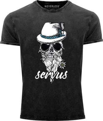 Produktbild von Cooles, lustiges Angesagtes Herren T-Shirt Vintage Shirt Servus Skull Totenkopf Aufdruck Used Look Slim Fit Neverless® schwarz XXL