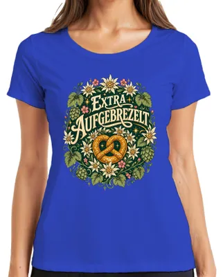 Imagen del producto de Camiseta para mujer, diseño , con motivos de pretzels, edelweiss y lederhosen, color azul, talla 3XL